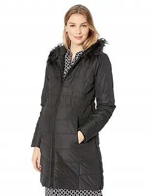 Motherhood Maternity Womens Maternity Quilted Puffer Coat with Attached Hood and Faux Fur Trim